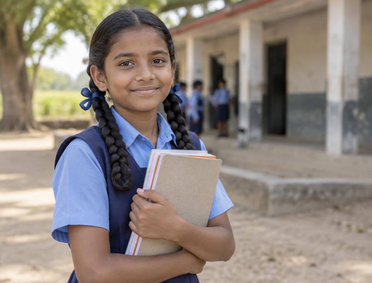 A schoolgirl in uniform holding her notebooks outside a rural school